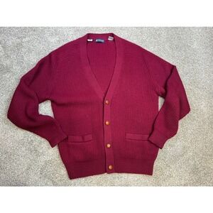 Austin Reed Burgundy Pure Wool Ribbed Cardigan Sweater Mens Large Vintage Macau